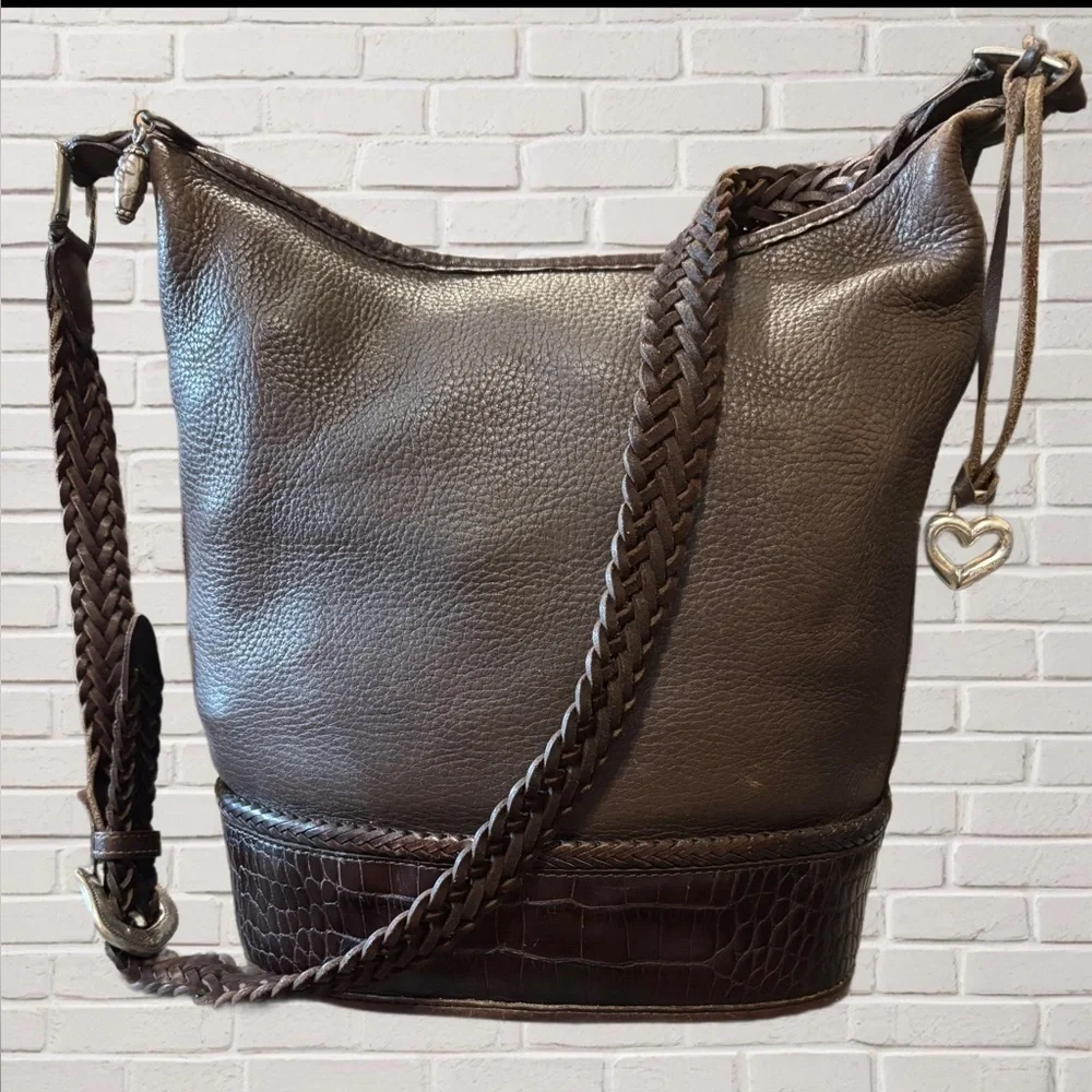 Brighton Brown Leather Braided Strap Hobo Bag Bali Collection Silver Heart